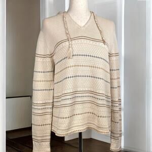 Vintage Fair Isle Striped Sweater Knit Hoodie Beige Cream Folk Cottagecore Indie